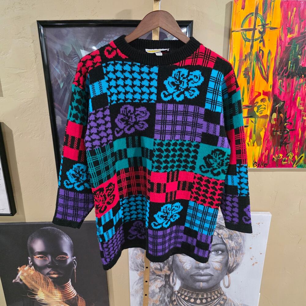 80s Vibrant Geometric Abstract Cottagecore Rustic Colorblock Knit Sweater Medium